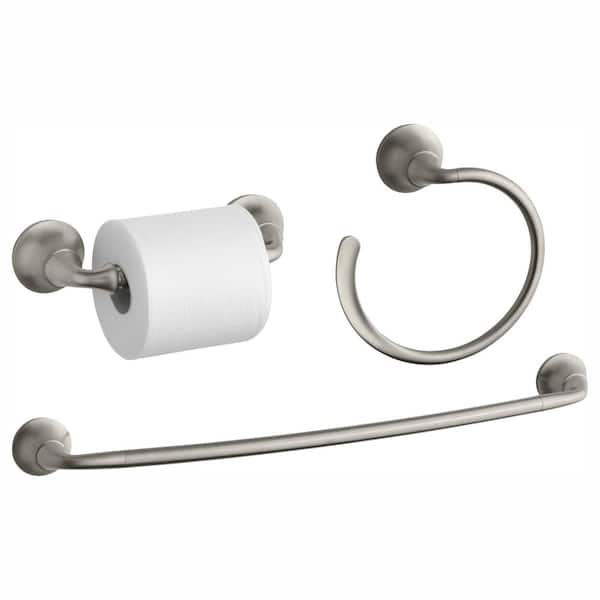 KOHLER Forte Sculpted 3-Piece Hardware Bundle with Towel Bar, Towel Ring and Toilet Paper Holder in Brushed Nickel