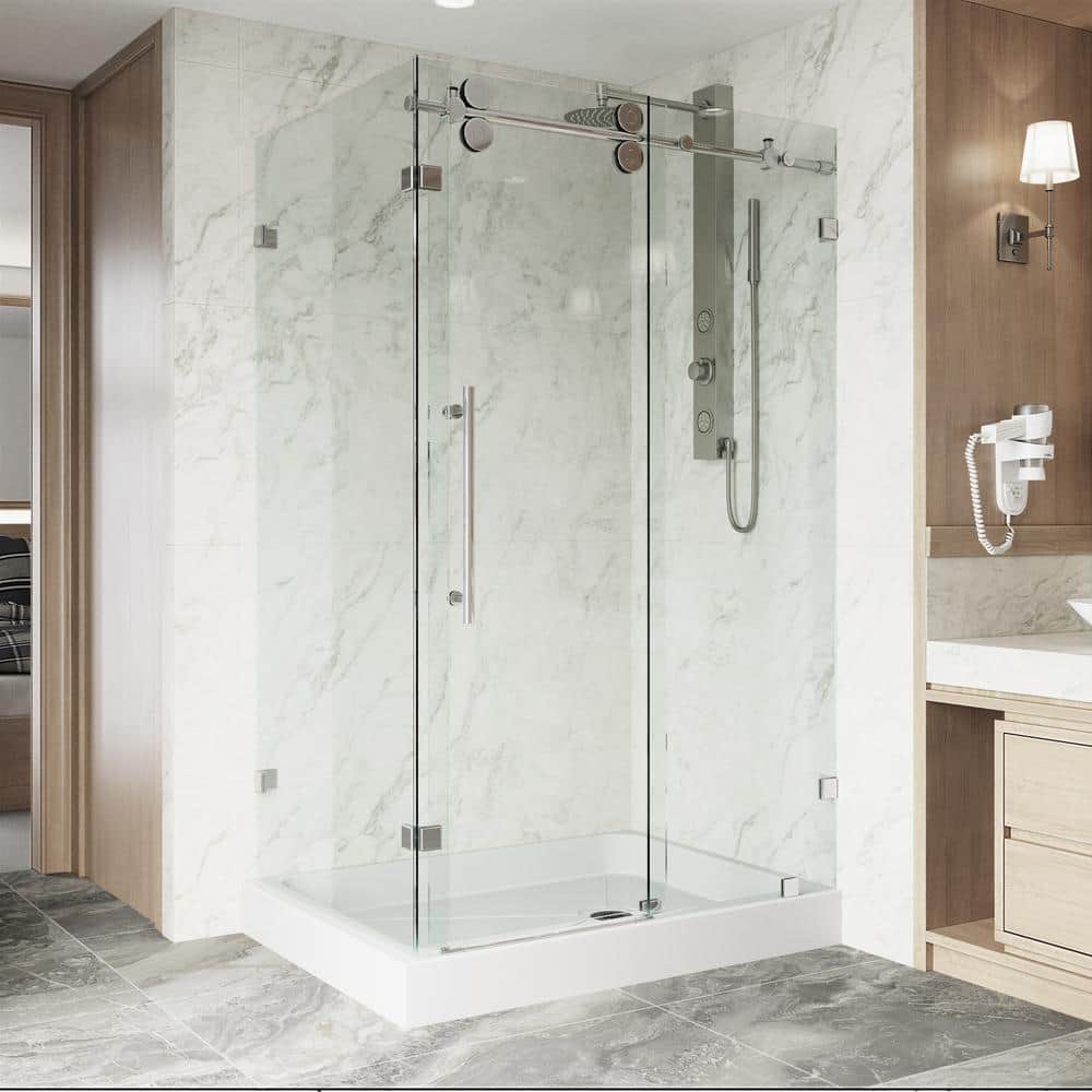 Winslow 48" Frameless Clear Glass Sliding Shower Enclosure with Black Hardware