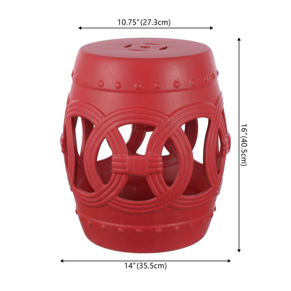 Matte Red 16" Ceramic Drum Garden Stool with Lucky Coin Symbols