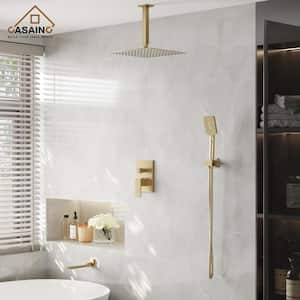 3-Spray Pattern 12 in Ceiling Mount Shower Head, Tub Spout and Functional Handheld, Brushed Gold (Valve Included)