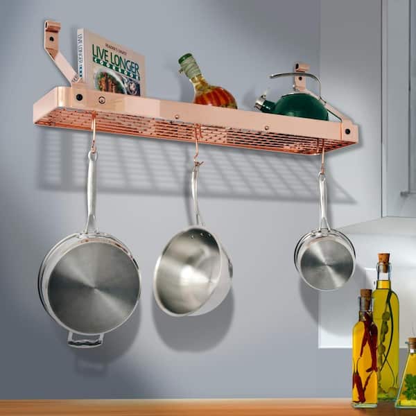 Handcrafted 36 in. Gourmet Bookshelf Wall Rack with 12-Hooks Brushed Copper
