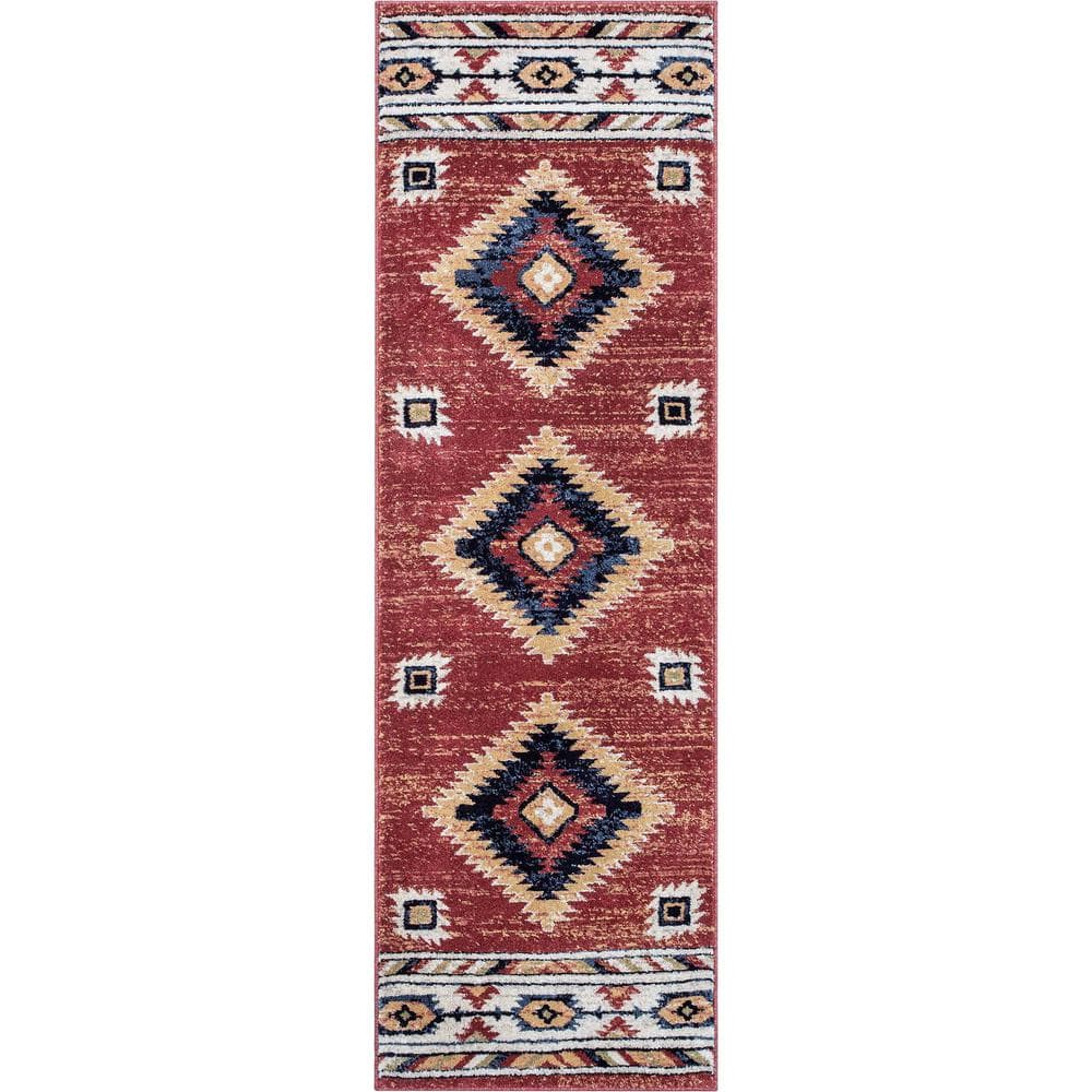 Crimson and Ivory Synthetic Southwestern Runner Rug 2'7" x 9'10"