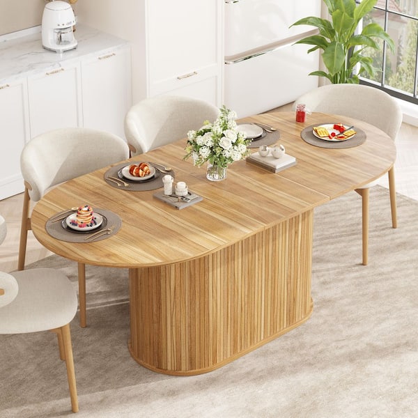 Tivora Modern Rustic Natural Finish MDF Wood Top Striped Column Base Oval Extendable Dining Table, Seats 6