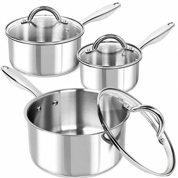 6 Piece Silver Stainless Steel Tri-Ply Bottom Saucepan Set with Glass Lids Induction Compatible Nonstick