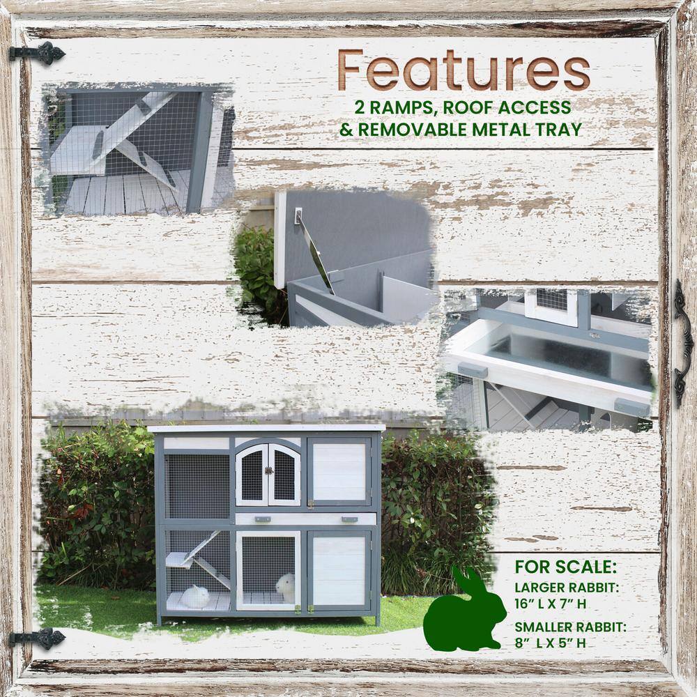 Gray and White Wooden 2-Story Rabbit Hutch with Ramps