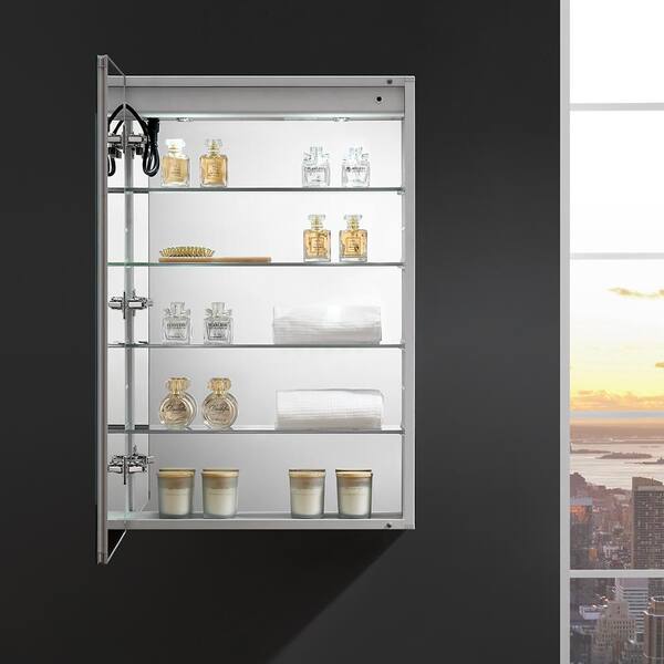 Spazio 24 in. W x 36 in. H Recessed or Surface Mount Medicine Cabinet with LED Lighting, Mirror Defogger and Left Hinge