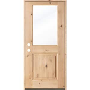 32 in. x 80 in. Rustic Half-Lite Clear Low-E IG Unfinished Wood Alder V-Grooved Right-Hand Inswing Prehung Front Door