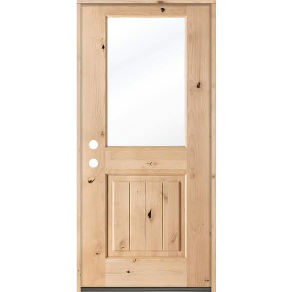 Krosswood Doors 36 in. x 80 in. Rustic Half-Lite Clear Low-E IG Unfinished Wood Alder V-Grooved Right-Hand Inswing Prehung Front Door