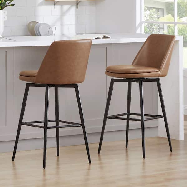 Spruce & Spring Cecily 30 in. Saddle Brown High Back Metal Swivel Bar Stool with Faux Leather Seat (Set of 2)