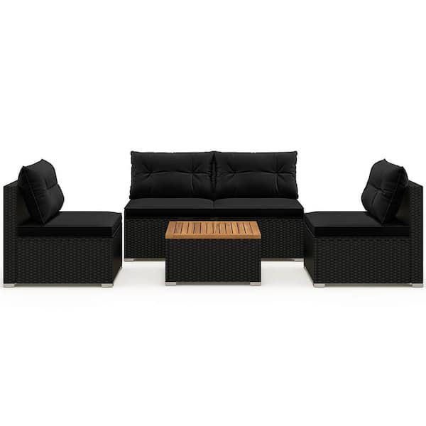 5-Piece Wicker Patio Conversation Set with Acacia Wood Tabletop and Seat and Back Black Cushions