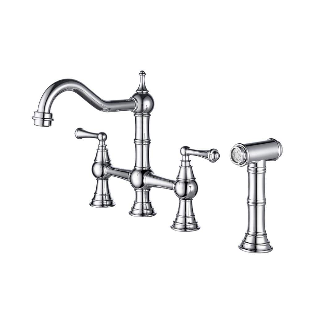 Double Handles Bridge Kitchen Faucet with Pull-Out Side Spray in Chrome, Re
