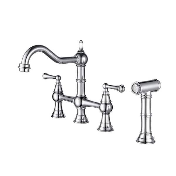 Unbranded Double Handles Bridge Kitchen Faucet with Pull-Out Side Spray in Chrome, Residential Brass Faucet