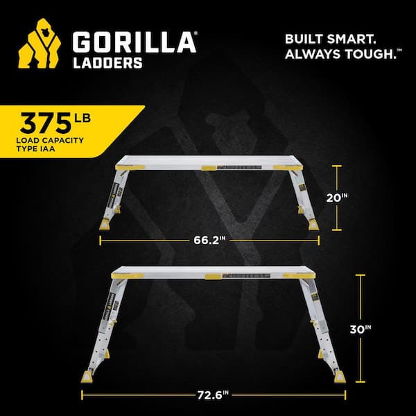 Gorilla Ladders - 4.6 ft. x 2.5 ft. Aluminum Heavy-Duty PRO, 2 in. Slim-Fold Work Platform, 4-Adjustable Heights, 375 lbs. Load Capacity