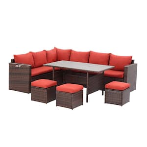 4-Piece Wicker Patio Conversation Set with Table, Outdoor Furniture Couch Sofa Set Foot Stool Side Table, Red Cushions