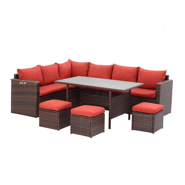 Unbranded 4-Piece Wicker Patio Conversation Set with Table, Outdoor Furniture Couch Sofa Set Foot Stool Side Table, Red Cushions