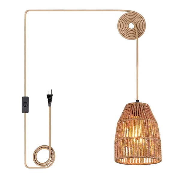 YANSUN 1-Light Boho Pendant Light Plug-in Rustic Hand-Woven Hemp Rope Cage Hanging Lamp with On/Off Switch