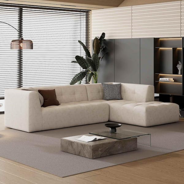 110.2 in. Square Arm Chenille L-Shaped Sofa Set, Upholstered Sofa Bed in Beige