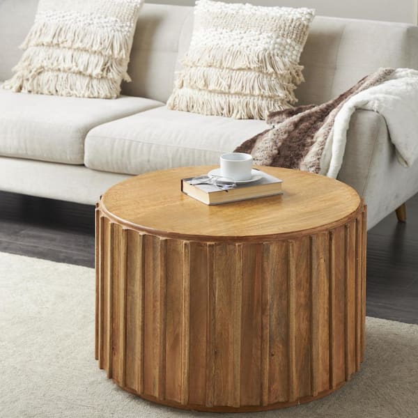 18 in. x 29 in. Brown Medium Round Mango Wood Handmade Coffee Table with Slatted Grooved Sides