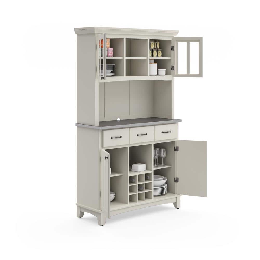 White Wood Buffet with Stainless Steel Top and Hutch