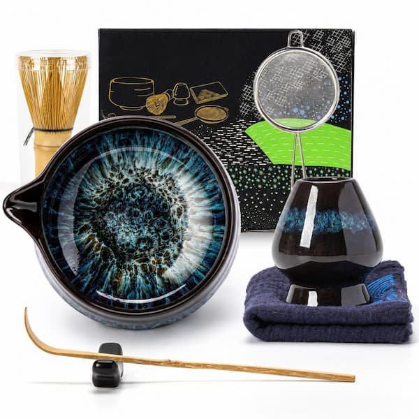 Ceramic Matcha Tea Set 7 -Pieces Kit with Bowl Spout Bamboo Whisk Scoop Holder Sifter Cloth for Ceremony Latte, Silver