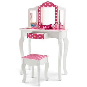 Vanity Set Wooden Makeup Table Stool Tri-Folding Mirror Polka Dot Print Pink