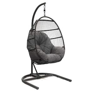 Crosby Wicker Outdoor Egg Chair with Dark Gray Steel Stand and Gray Polyester Cushions