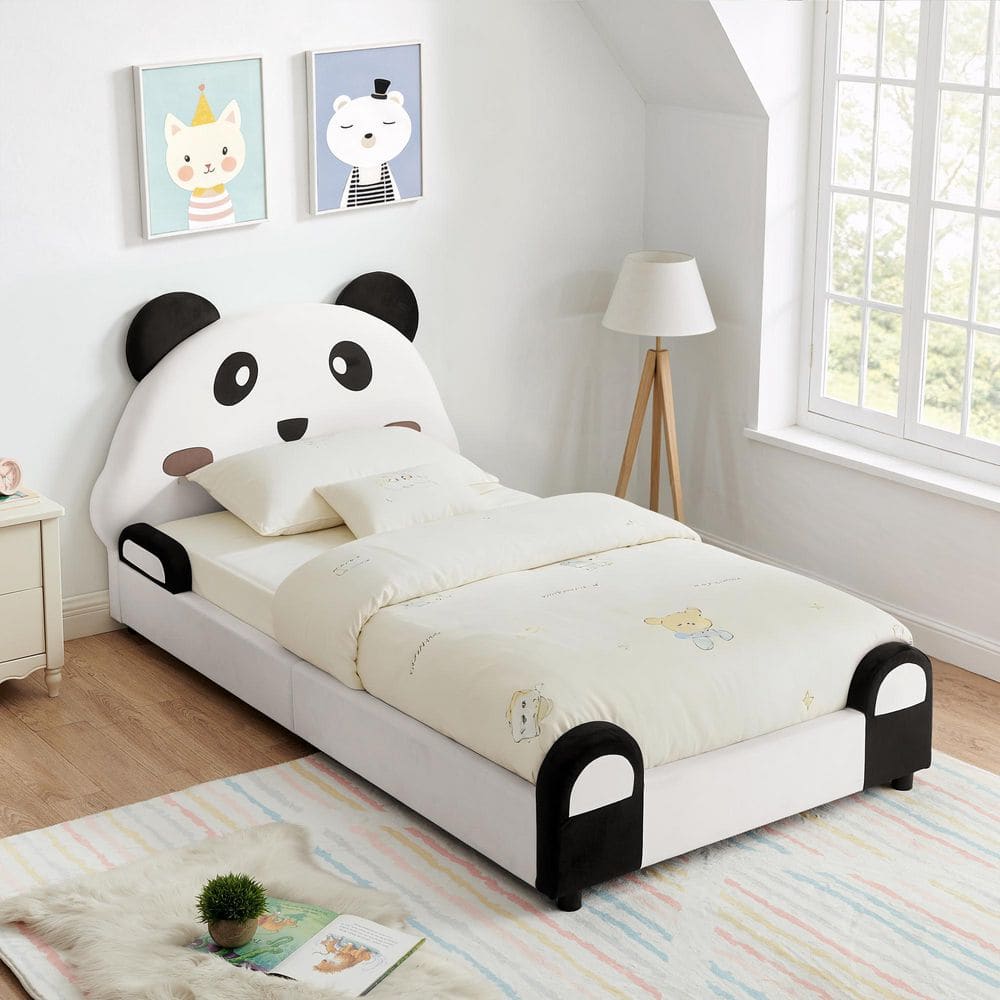 Brentonel White and Black Velvet Upholstered Cute Panda-Shaped Wood Frame Kids Bed Twin Size Platform Bed price history on PriceWatchPro