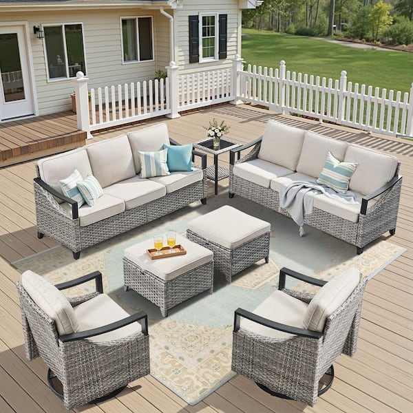 7-Piece Wicker Patio Conversation Set, Outdoor Sofa and Swivel Chairs Set with Beige Cushions
