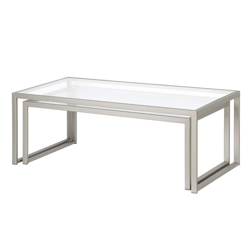 Satin Nickel Rectangular Nesting Coffee Table Set with Glass Tops