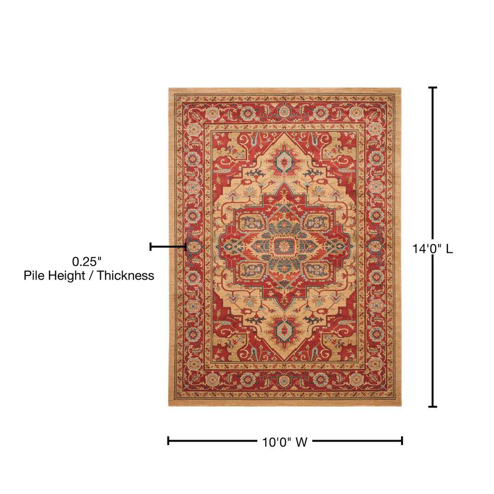 Elegant Red and Natural 10' x 14' Synthetic Rectangular Rug