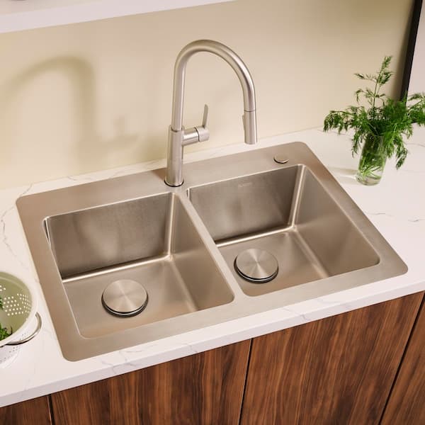 Modena 33 in. Drop-in Topmount 50/50 Double Bowl 16-Gauge Stainless Steel Kitchen Sink with Gently Rounded Corners