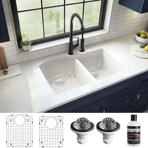 QU-610 Quartz/Granite 32 in. Double Bowl 60/40 Undermount Kitchen Sink in White with Bottom Grid and Strainer