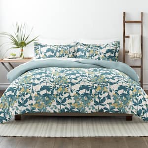 Teal Boho Flower Print 3-Piece Reversible Twin/Twin Extra Long Duvet Cover Set