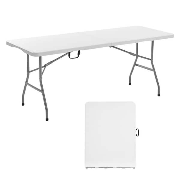 Folding Table, 6 Ft. Heavy Duty Portable Fold-in-Half Plastic Rectangle Table with Handle for Indoor/Outdoor, White