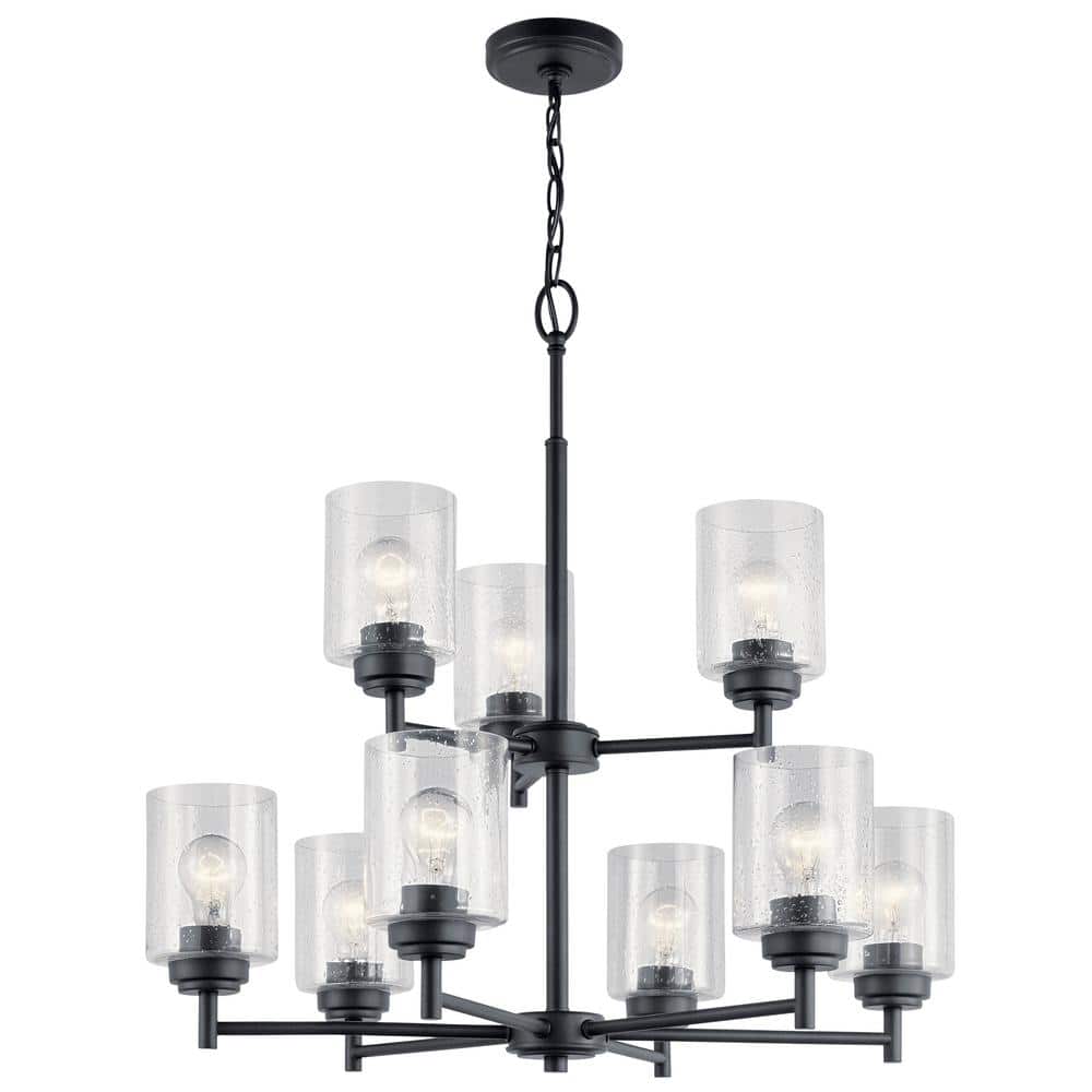 Winslow Black 27" 9-Light 2-Tier Chandelier with Clear Seeded Glass