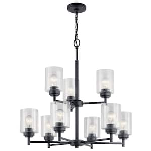 Winslow 27 in. 9-Light Black 2-Tier Contemporary Shaded Cylinder Chandelier for Dining Room