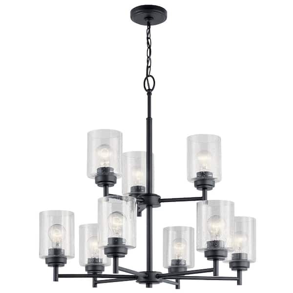 KICHLER Winslow 27 in. 9-Light Black 2-Tier Contemporary Shaded Cylinder Chandelier for Dining Room