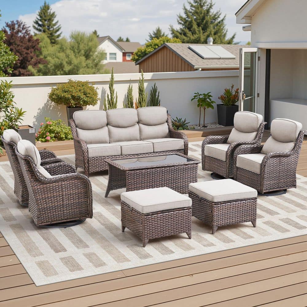 Moonluxe 8-Piece Brown Wicker Patio Conversation Set with Beige Olefin 6 In. Thick Cushions Patio Swivel Chairs price history on PriceWatchPro