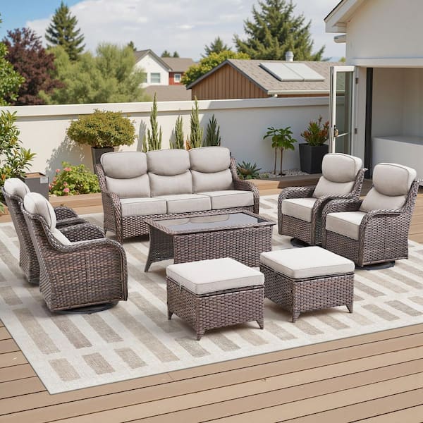 Moonluxe 8-Piece Brown Wicker Patio Conversation Set with Beige Olefin 6 In. Thick Cushions Patio Swivel Chairs