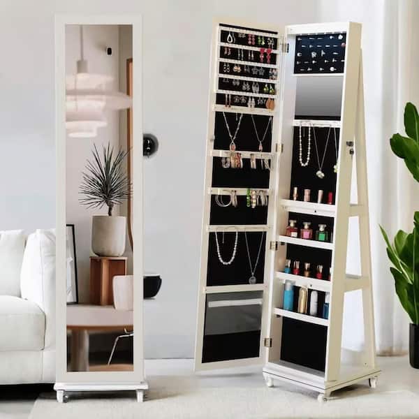 YESSKY DOWELL ENTER LLC White 16 in. W x 66 in. H 360° Swivel Jewelry Organizer, Standing Jewelry Armoire Wood Full-Length Mirror