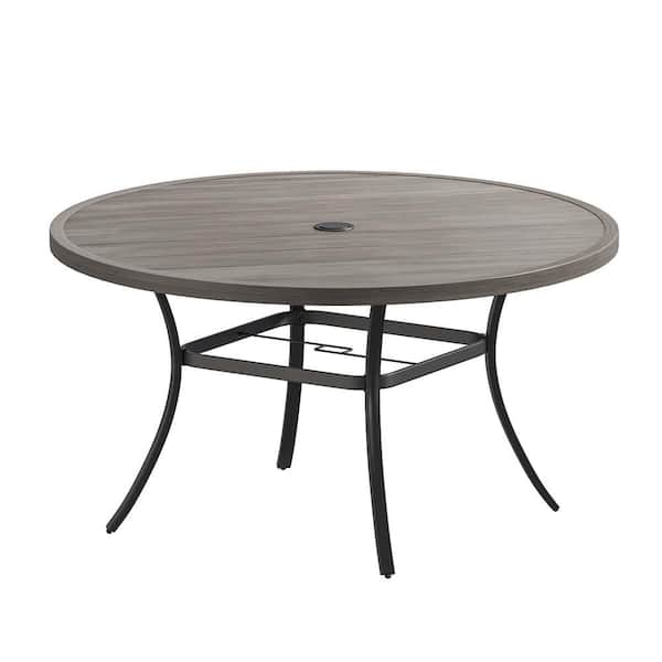 Sudzendf 53 in. W Gray Round Metal Outdoor Dining Table with Umbrella Hole and Storage Shelf