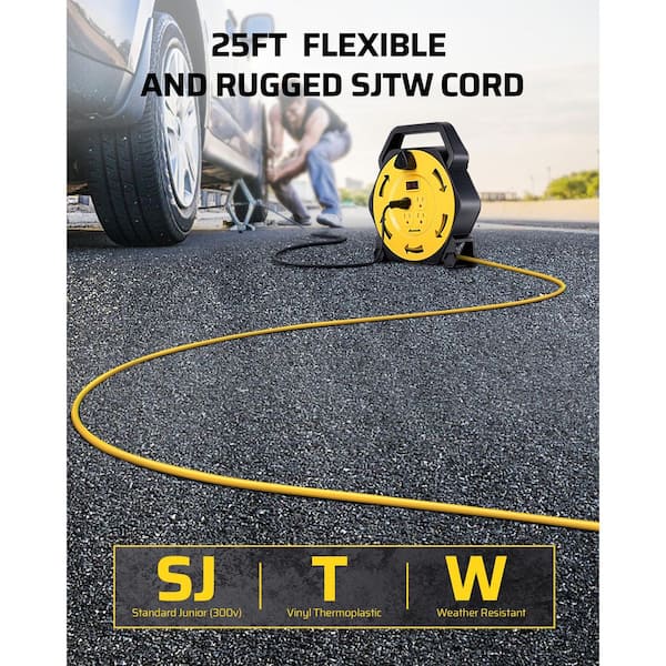 Heavy Duty 25 ft. 16 / 3 SJTW 13 Amp Retractable Hand Wind Extension Cord Reel with 4 Power Outlets and 2-USB Ports