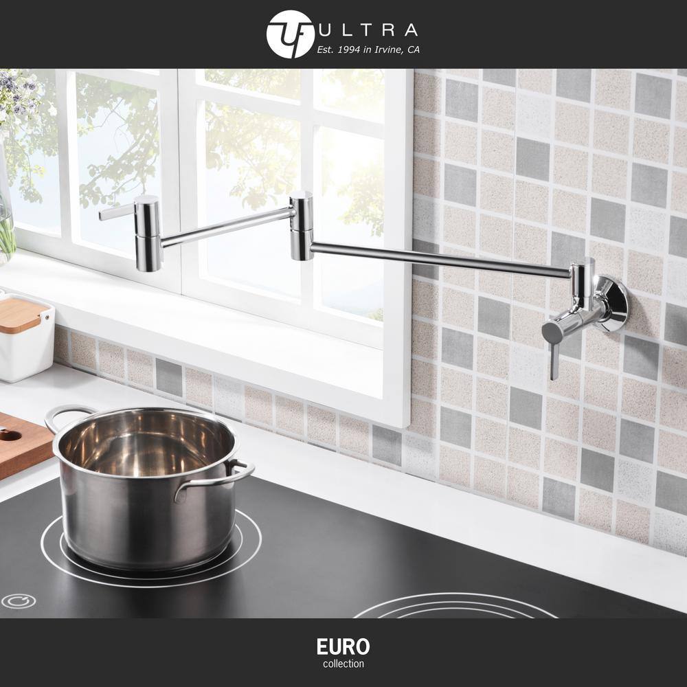 Polished Chrome Wall-Mount Pot Filler Faucet with Dual Ceramic Discs