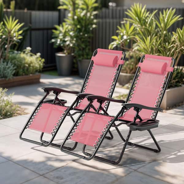 (Set of 2) Patio Lounge Foldable Zero Gravity Chair with Cup Holding Tray Metal Outdoor Recliner with Pink Cushions