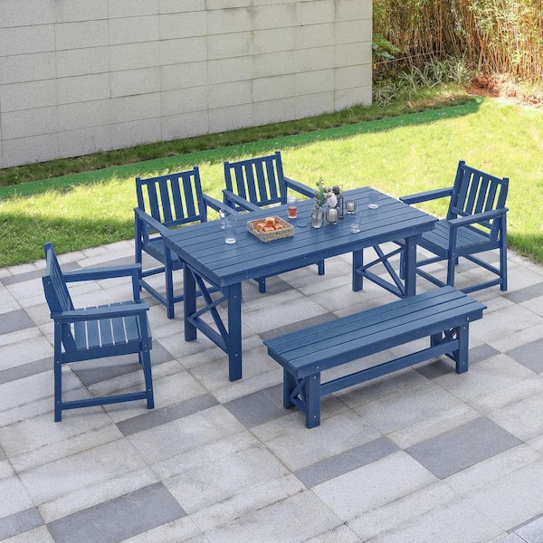 RUIZI Navy Blue 6-Piece HDPE Plastic Patio Outdoor Dining Set with 1-Bench, 4-Arm Chairs and Rectangular Table