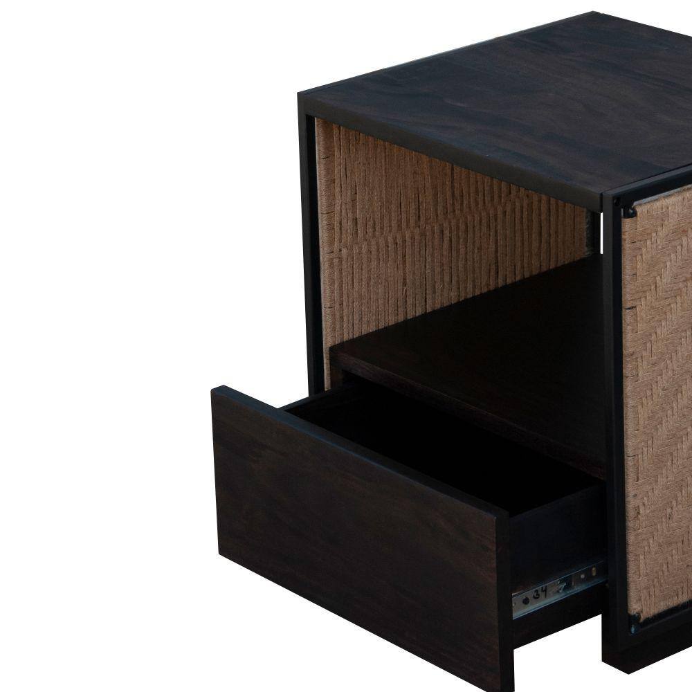 Cottage Charm Acacia Wood & Woven Jute Nightstand - Brown/Black