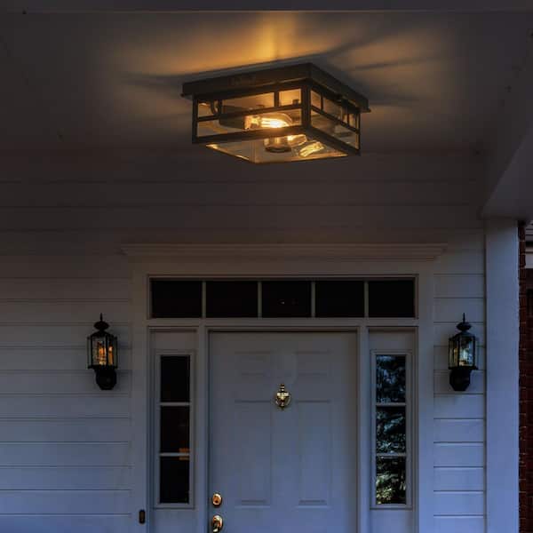 10.5 in. 2-Light Black Motion Sensing Non-Dimmable Outdoor No Bulb Included Flush Mount Ceiling Light (1-Pack)