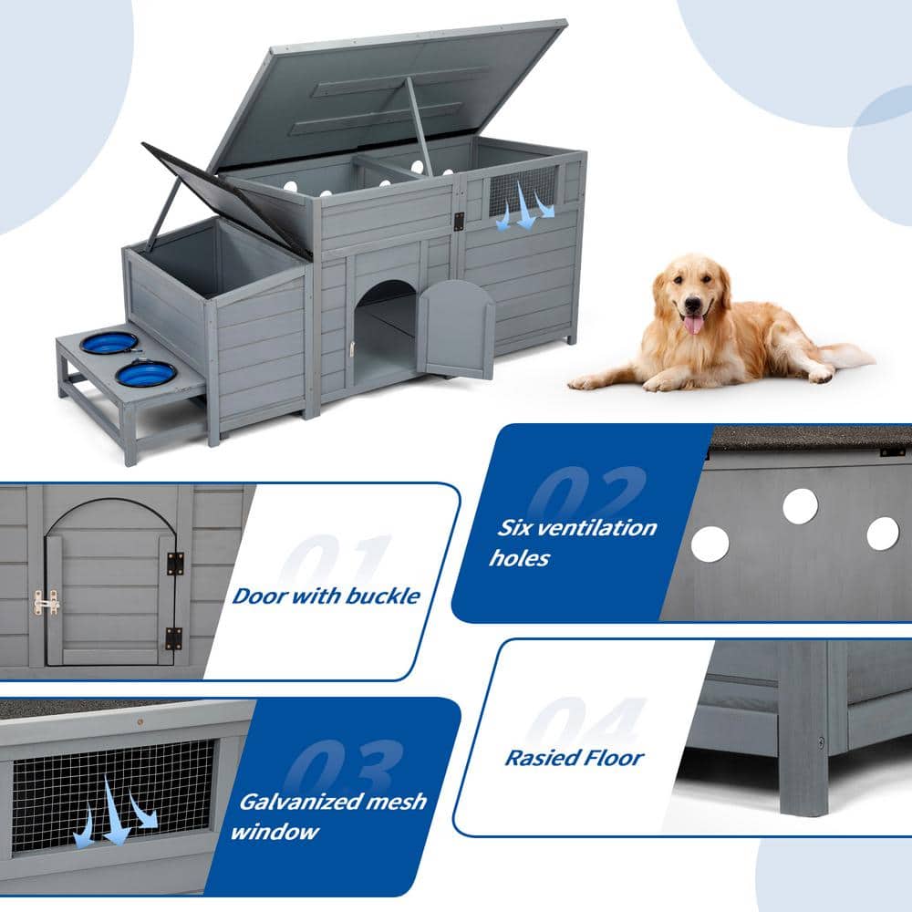 Large Gray Pinewood Outdoor Dog House with Feeding Bowls