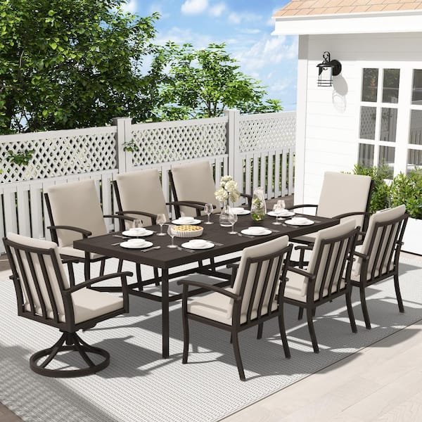 EGEIROSLIFE AluLux 9-Piece Dark Brown Aluminum Outdoor Dining Set with 2-Swivel Dining Chairs and Sandspit Brown Cushions