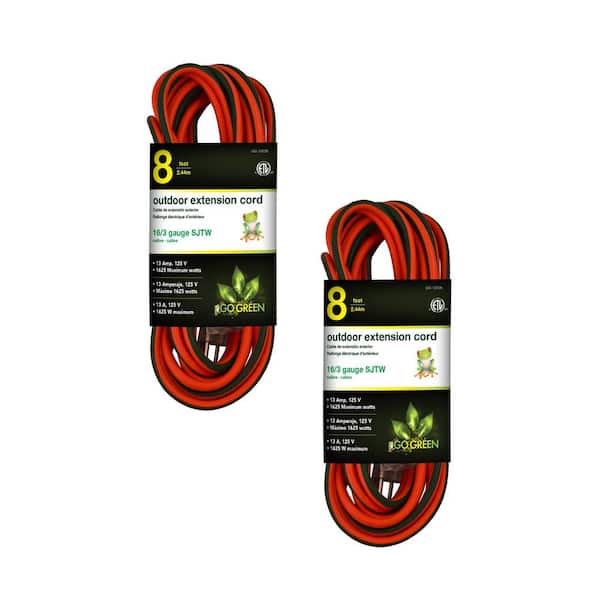 GoGreen Power (G-13708-2) 8 ft. 16/3 Indoor Heavy Duty Extension Cord, Orange, 2 PACK